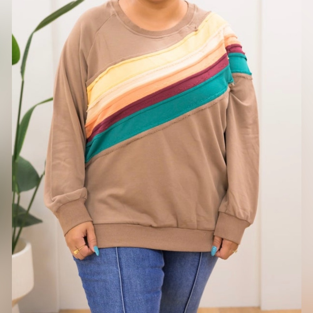Taupe Rainbow-Stripe Pullover Sweatshirt - Women